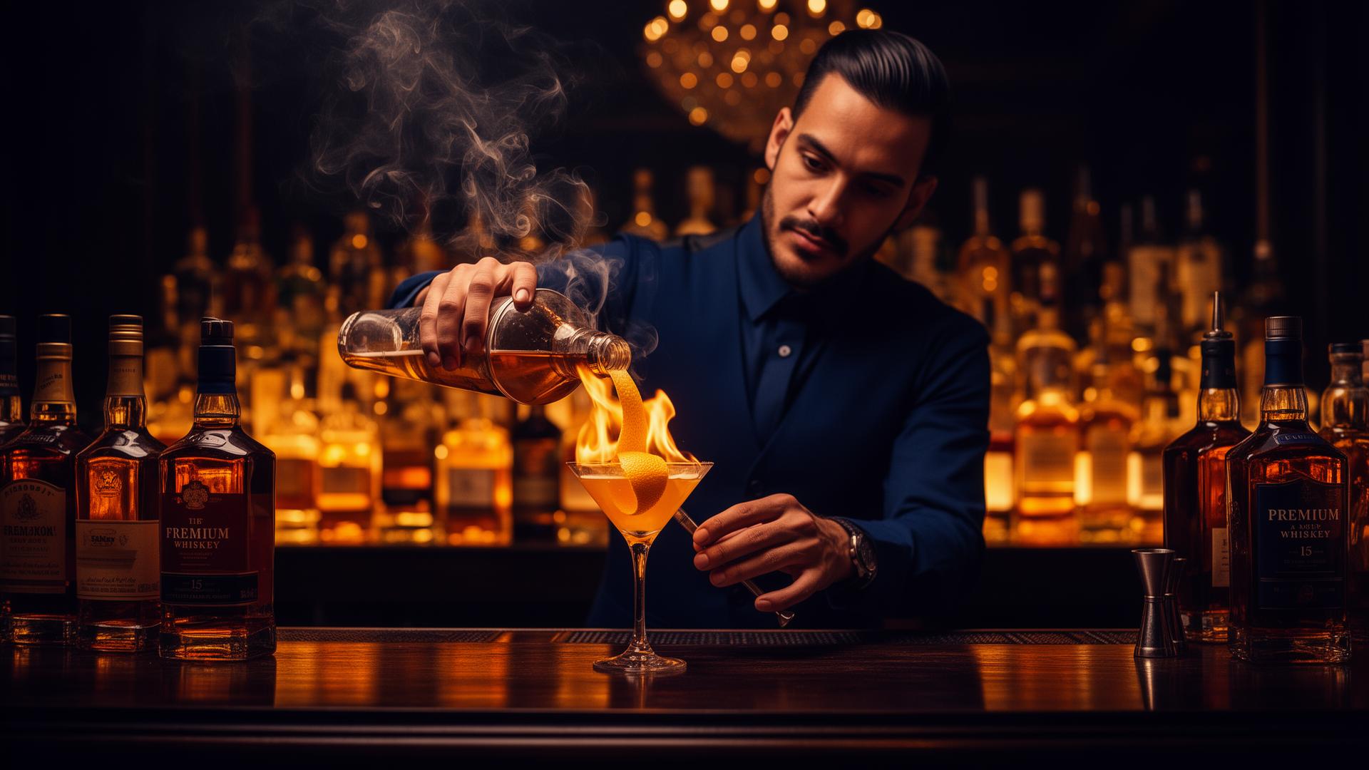 Bartender de élite preparando un cóctel premium con flameado de naranja